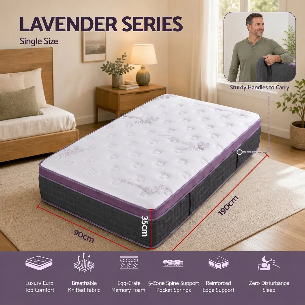 Single Mattress Purple Black 90cm x 190cm Euro Top Firm Pocket Spring 35cm Thick Edge Support