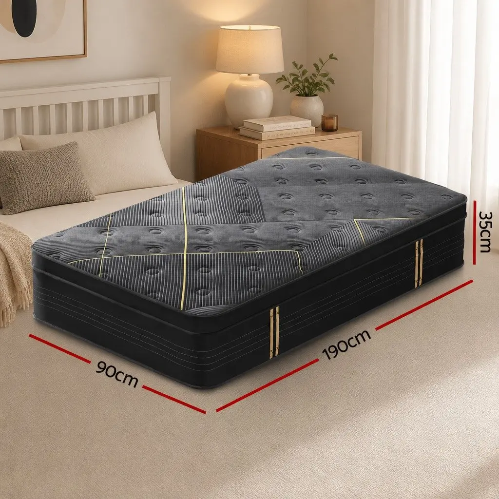 Single Mattress Black 35cm Hybrid Pocket Spring Bamboo Charcoal Foam Euro Top