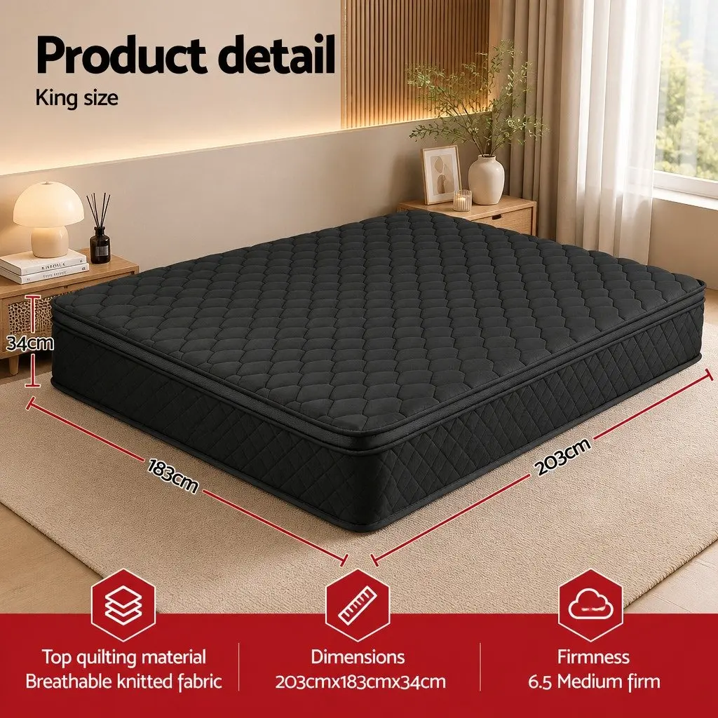 King Size Mattress 34cm Euro Top 5-Zone Pocket Spring Medium Firm Black Bed