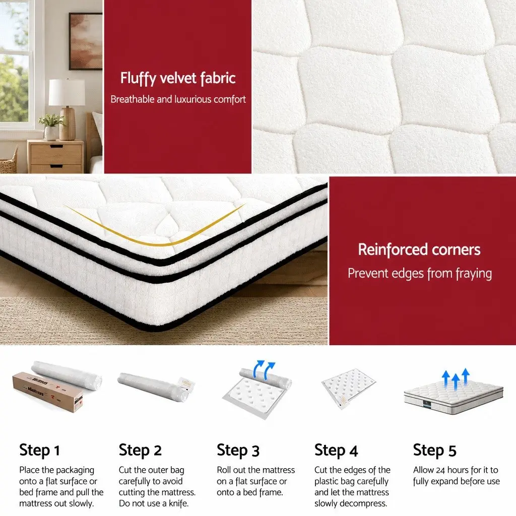 Queen Size Mattress 22cm Medium Firm Euro Top Pocket Spring Sleep Bed White