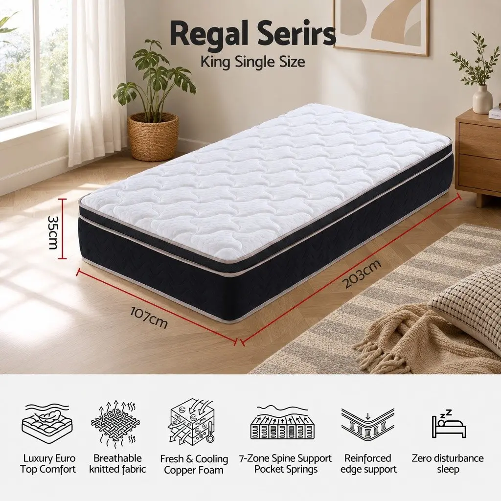King Single Mattress Black 35cm Firm Copper Memory Foam 7-Zone Pocket Spring Edge Support