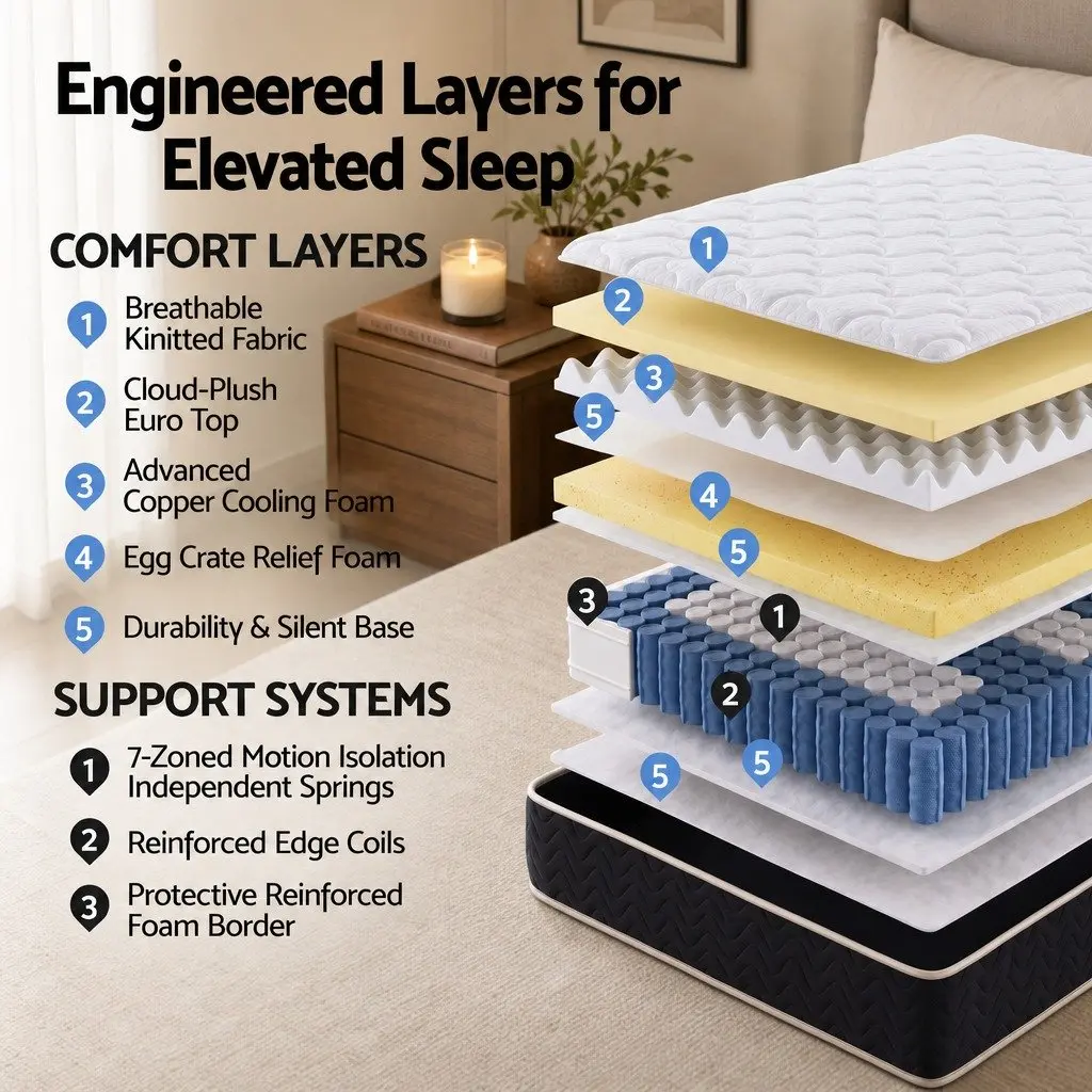 King Single Mattress Black 35cm Firm Copper Memory Foam 7-Zone Pocket Spring Edge Support