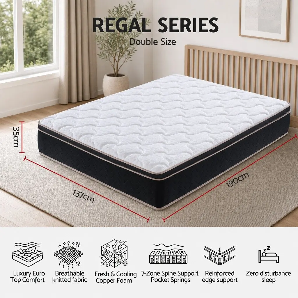 Double Mattress Black 35cm Firm Copper Memory Foam 7-Zone Pocket Springs Edge Support