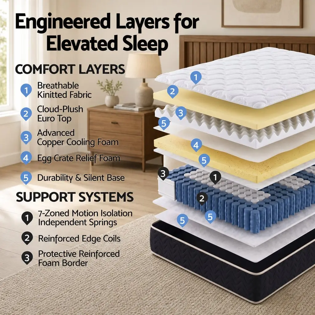 Double Mattress Black 35cm Firm Copper Memory Foam 7-Zone Pocket Springs Edge Support
