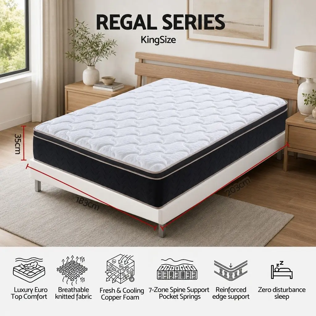 King Size Mattress Black 35cm Firm Pocket Spring Copper Memory Foam Euro Top
