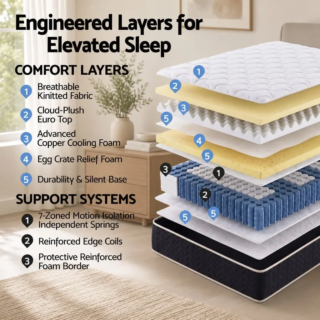King Size Mattress Black 35cm Firm Pocket Spring Copper Memory Foam Euro Top
