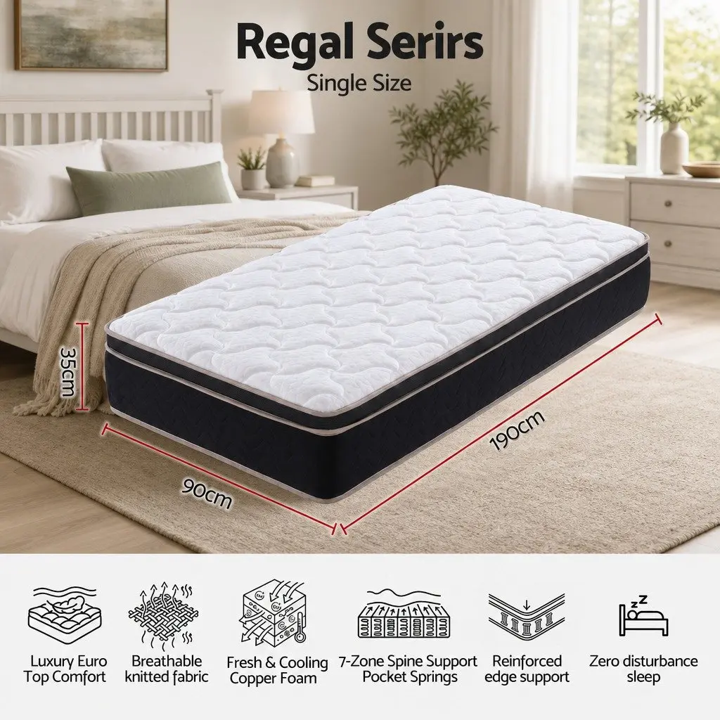 Single Mattress Black 35cm Firm Pocket Spring Euro Top Memory Foam Edge Support