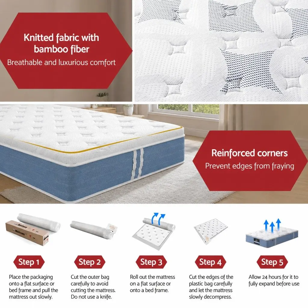 King Single Mattress White 25cm Pocket Spring Euro Top Medium Firm Support Bamboo Fibre