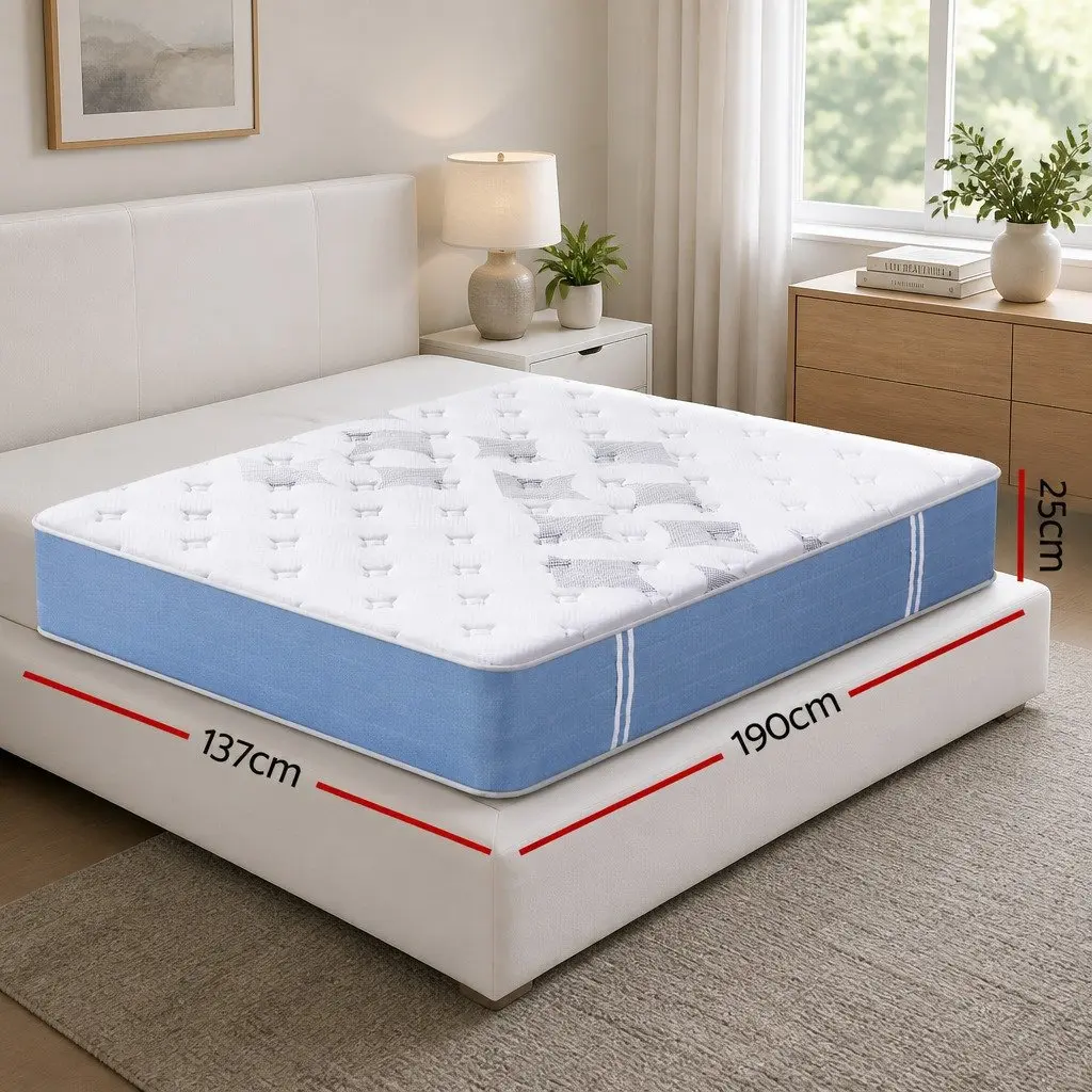Double Mattress White and Blue 25cm Pocket Spring Euro Top Medium Firm Breathable Bamboo Fibre