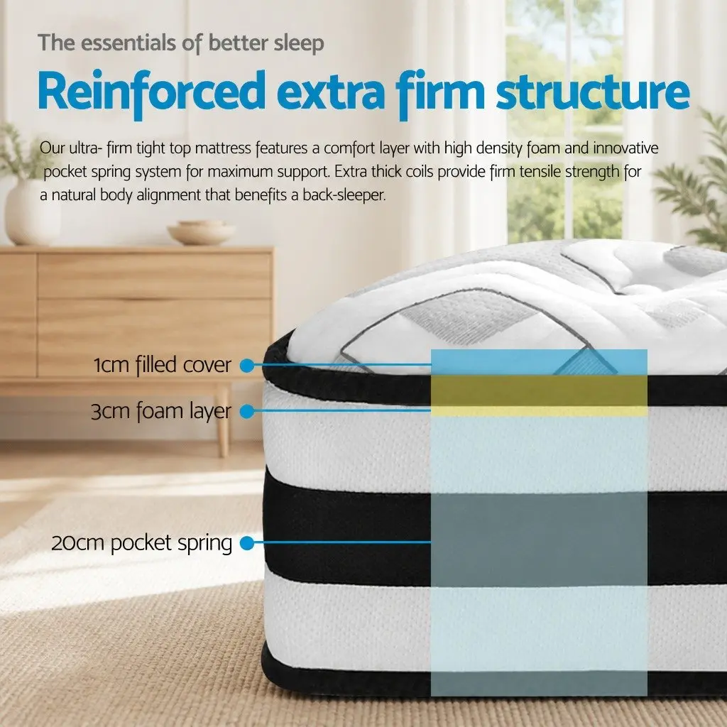 Double Mattress Grey 24cm Ultra Firm Tight Top Pocket Spring