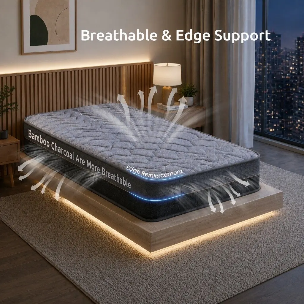 Single Mattress Grey 25cm Hybrid Pocket Spring Egg Crate Foam Bamboo Charcoal Fabric