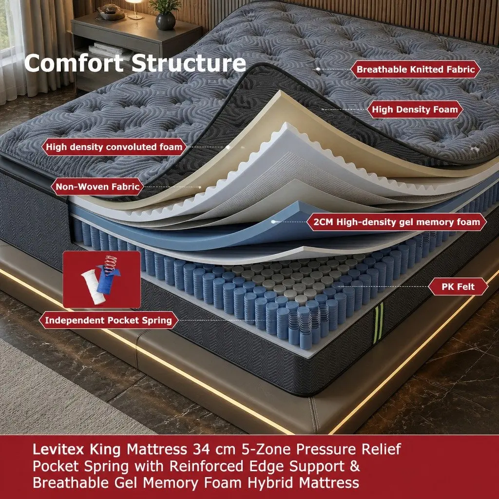 King Mattress 34cm Hybrid Pocket Spring Gel Memory Foam 5-Zone Pressure Relief