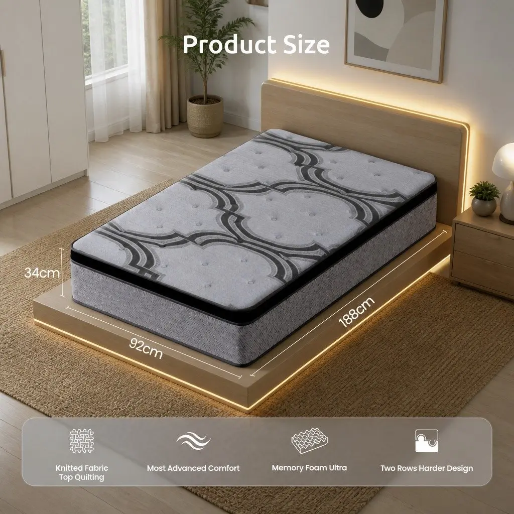 Single Mattress Grey 34cm Extra Firm Support 5-Zone Pocket Spring Memory Foam Latex