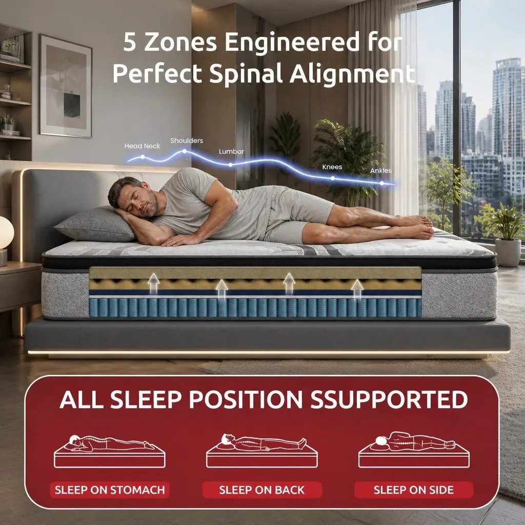 Single Mattress Grey 34cm Extra Firm Support 5-Zone Pocket Spring Memory Foam Latex