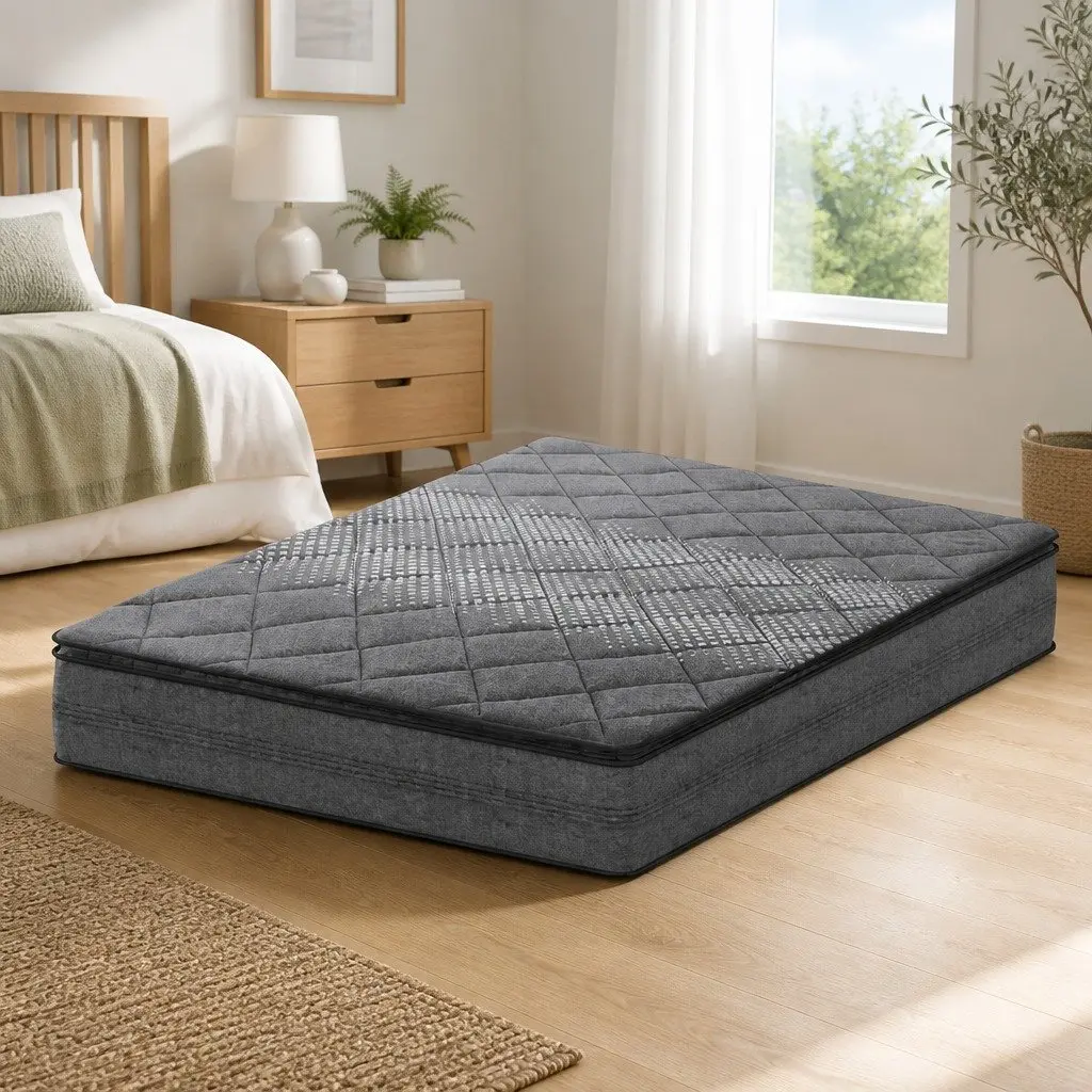 Queen Mattress Grey 18cm Pillow Top Medium Firm Sleep Support