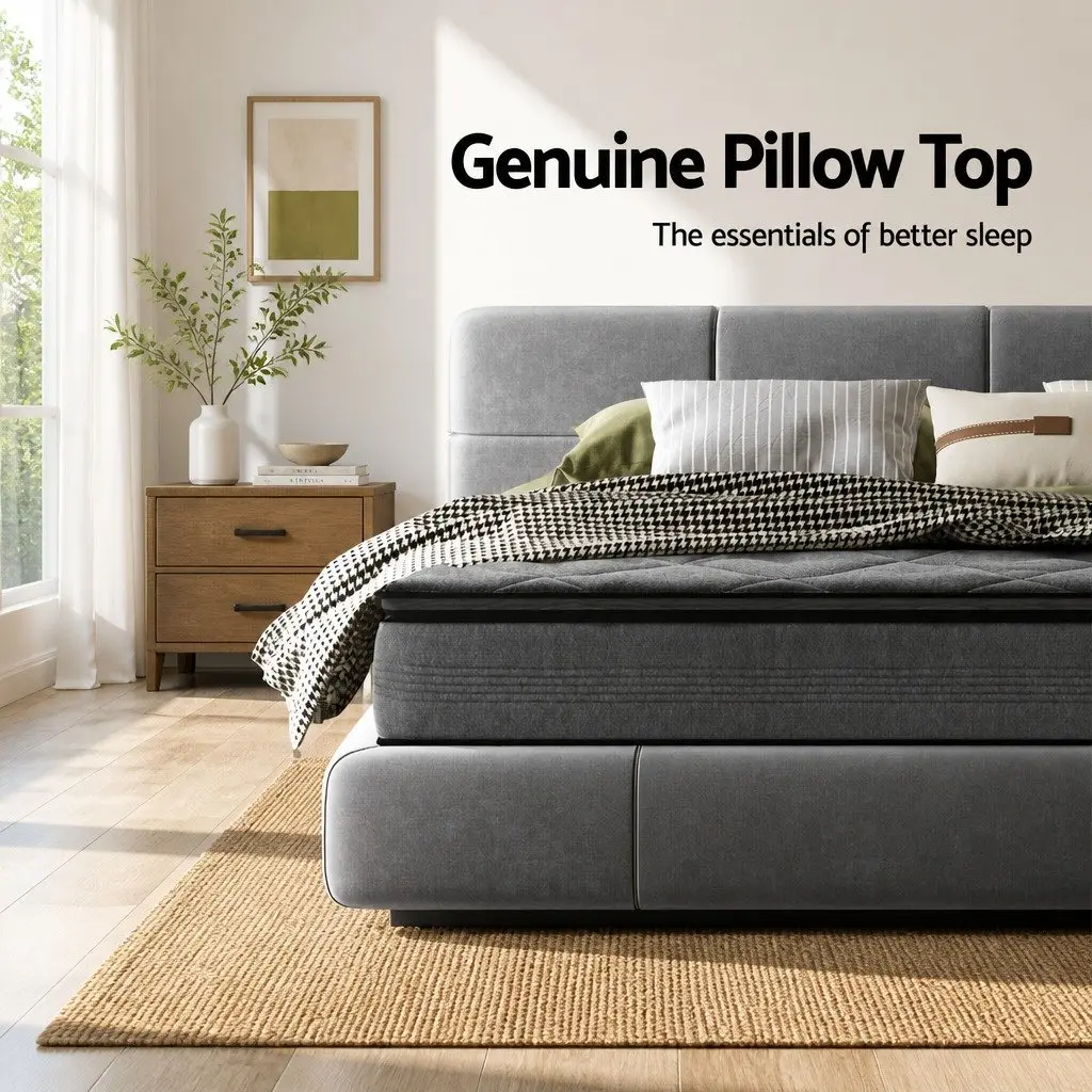 Queen Mattress Grey 18cm Pillow Top Medium Firm Sleep Support