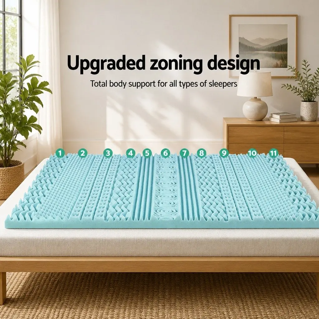 Memory Foam Mattress Topper 11-Zone 8cm King Bed Support Comfort Blue