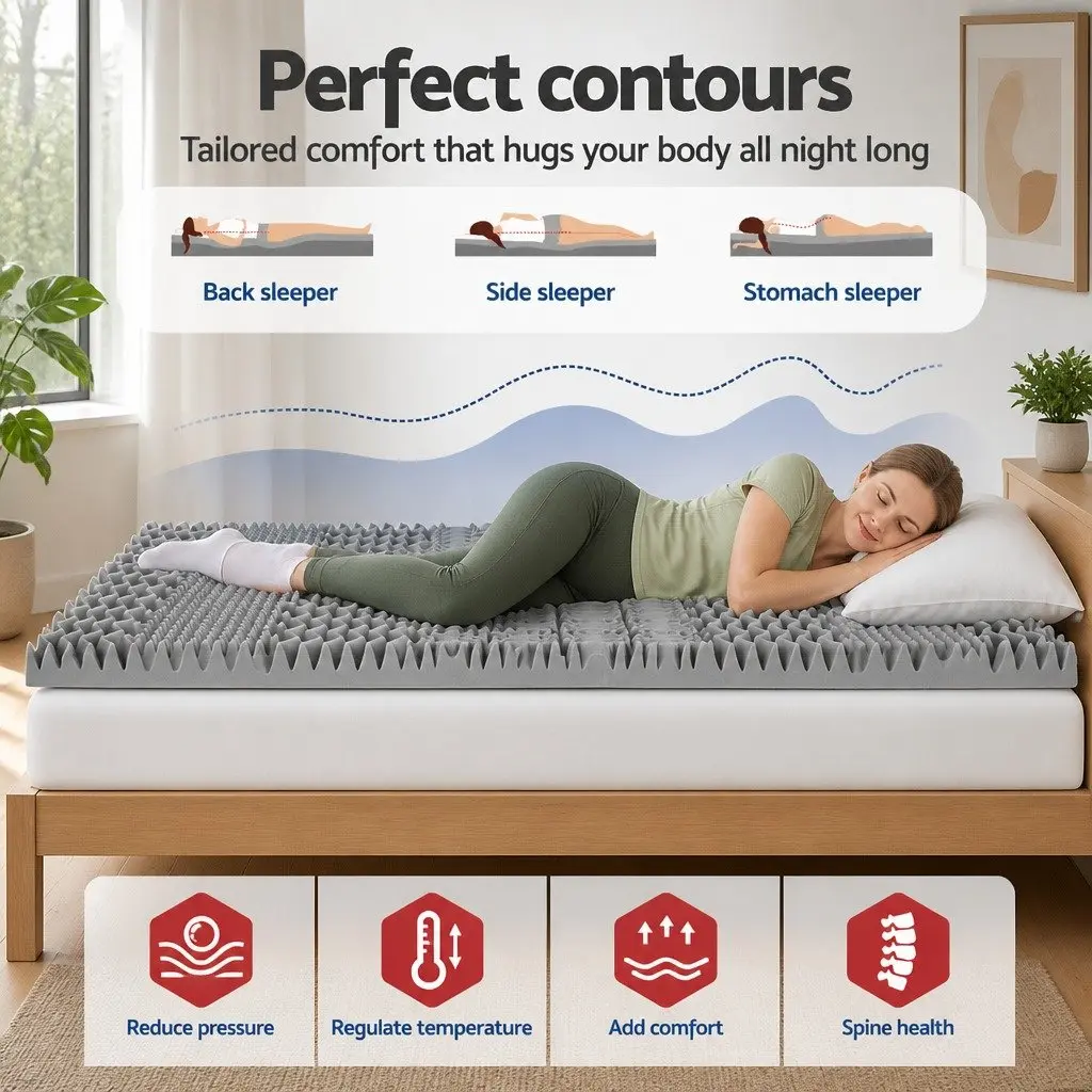 Memory Foam Mattress Topper Grey 8cm Double Bed 7-Zone Contoured Support