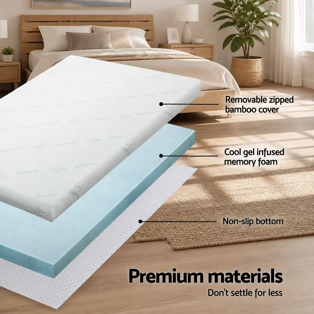Memory Foam Mattress Topper Blue King 10cm Cool Gel Bamboo Fabric Comfort
