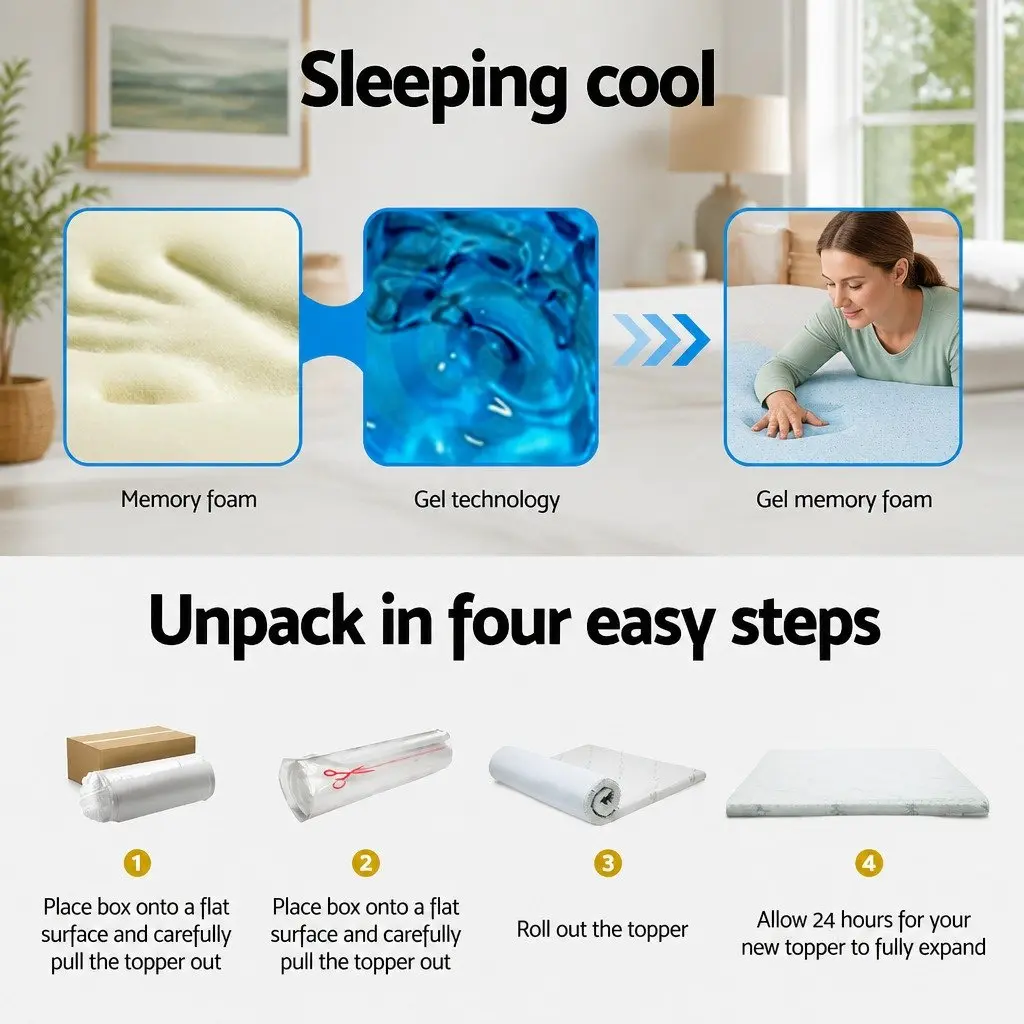 Memory Foam Mattress Topper Blue King 10cm Cool Gel Bamboo Fabric Comfort