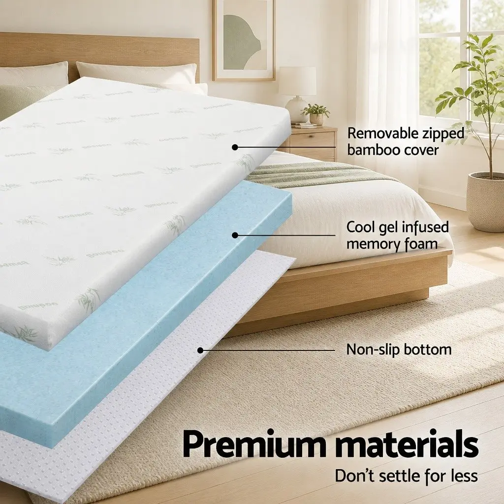 Memory Foam Mattress Topper Blue Single Bed 10cm Cool Gel Bamboo Cover