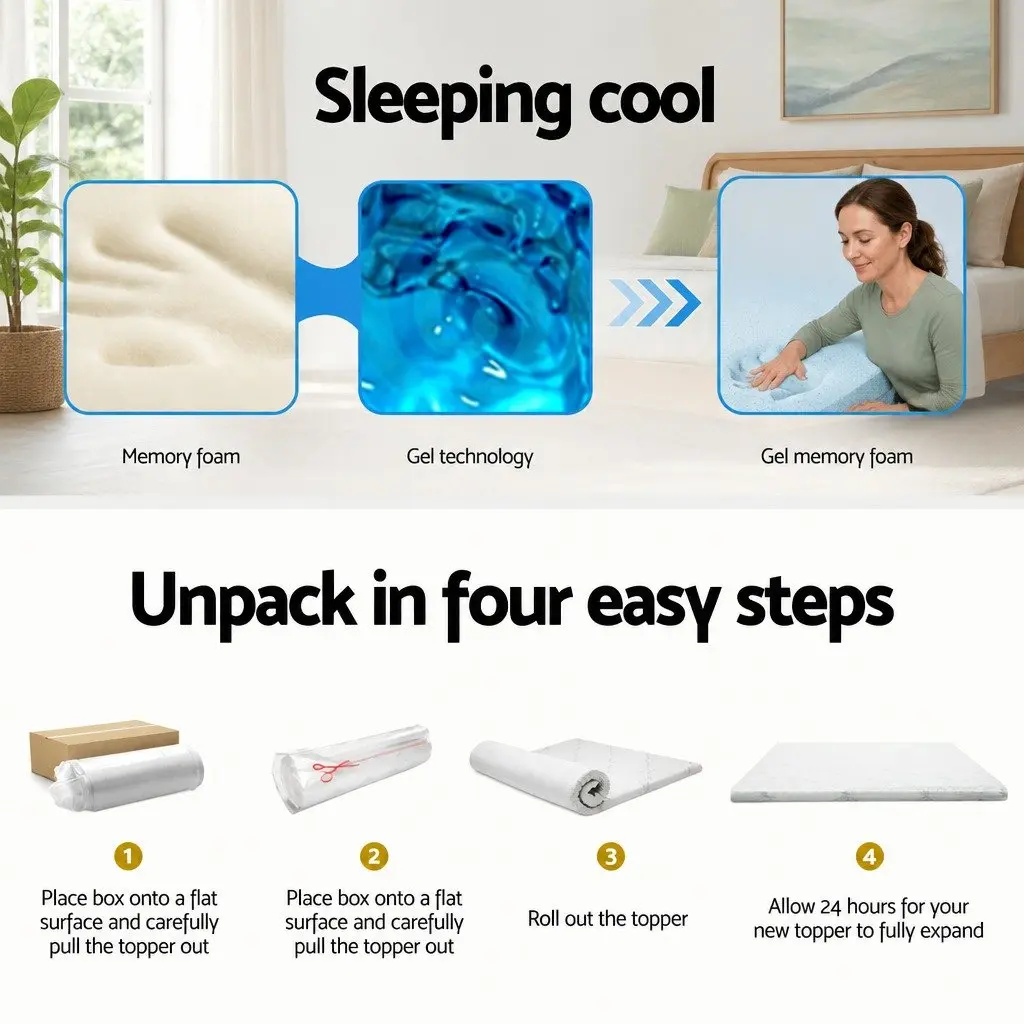 Memory Foam Mattress Topper Blue Single Bed 10cm Cool Gel Bamboo Cover
