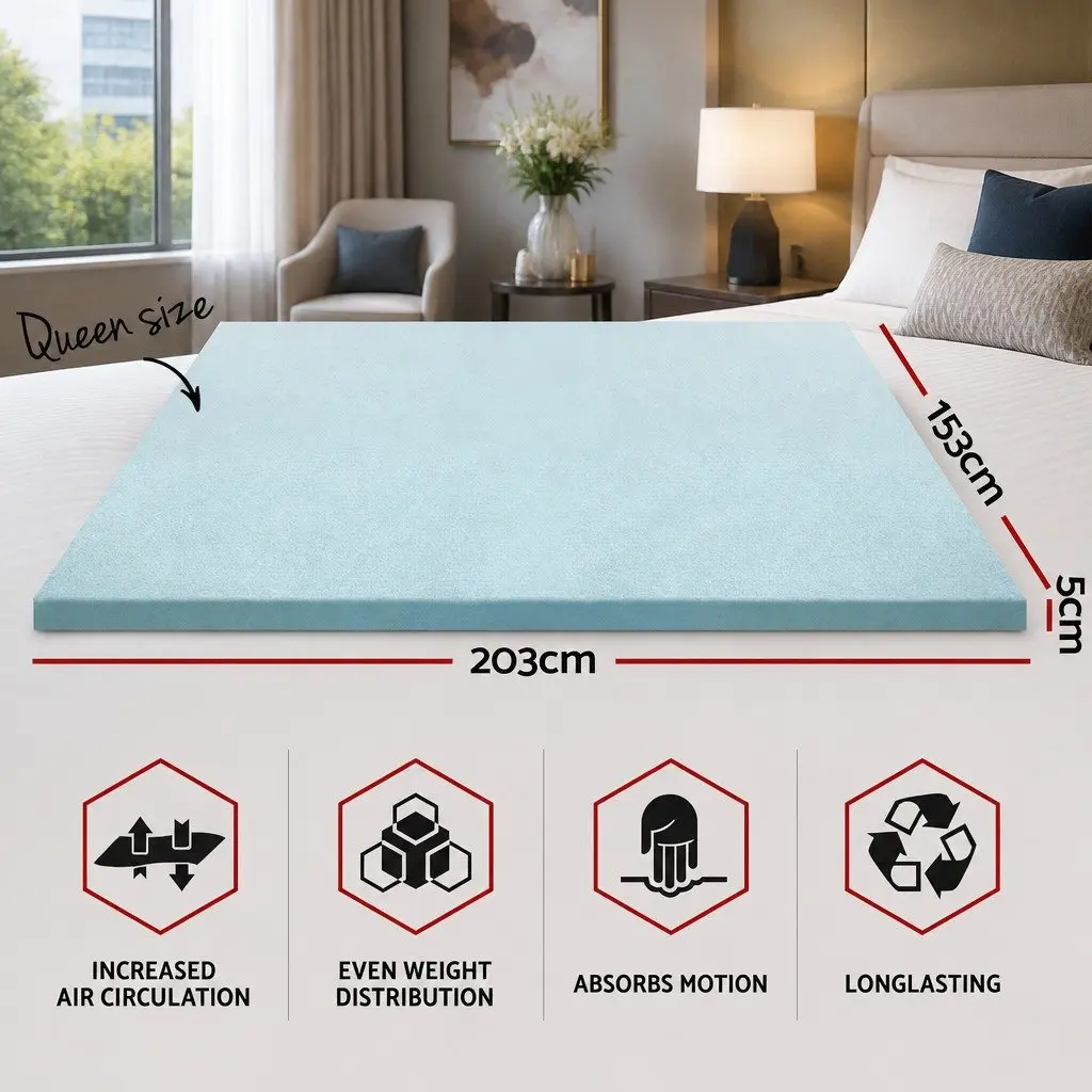 Memory Foam Mattress Topper White Blue Queen Gel-Infused Cool Sleep 5cm Pressure Relief