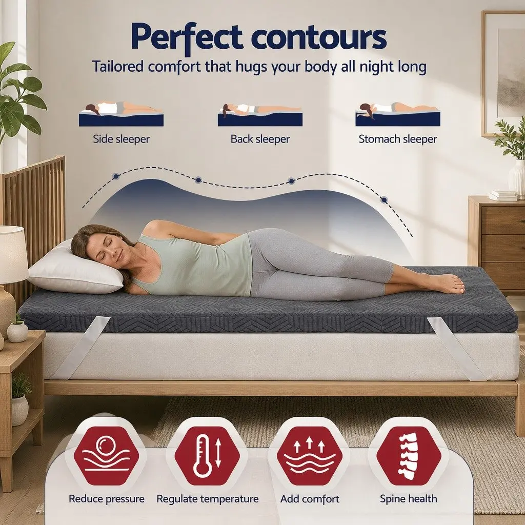 Memory Foam Mattress Topper Grey 8cm Dual Layer Gel Infused Bamboo Cover
