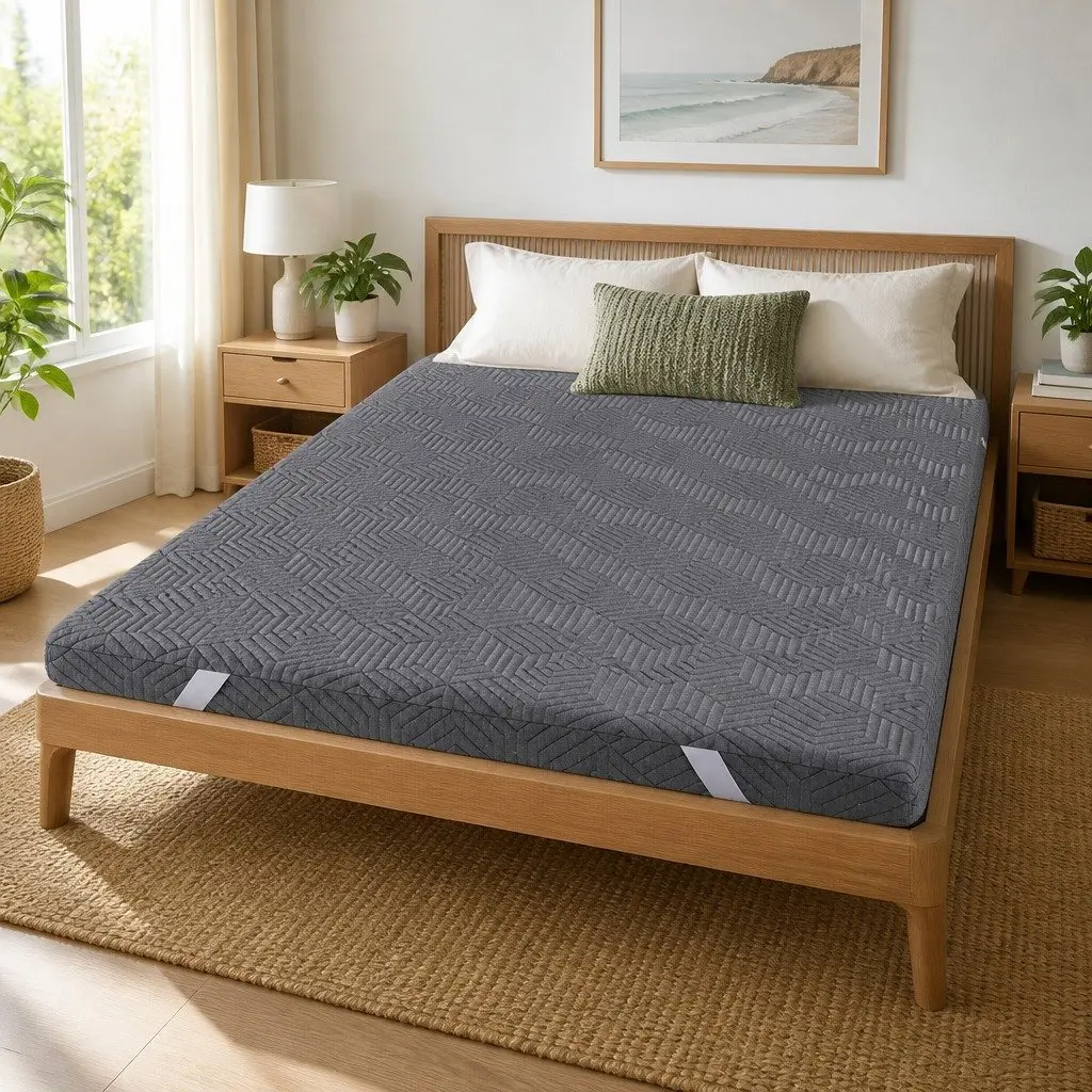 Memory Foam Mattress Topper Grey 8cm Dual Layer Gel Bamboo Cover