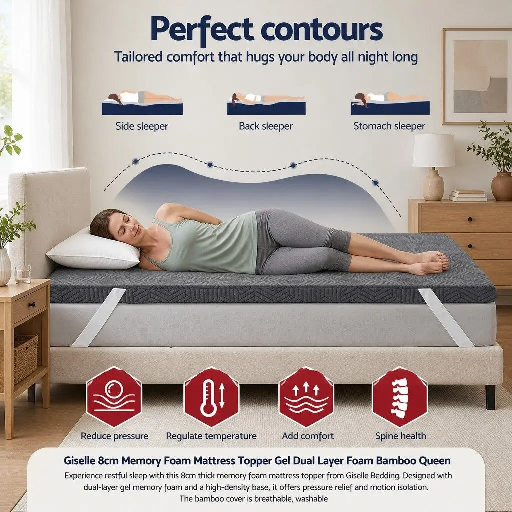 Memory Foam Mattress Topper Grey 8cm Dual Layer Gel Bamboo Cover