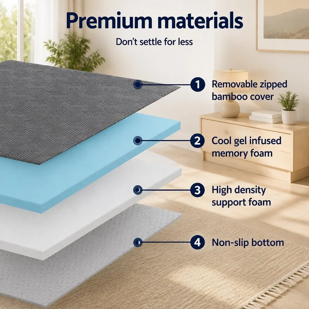 Memory Foam Mattress Topper Grey 8cm Dual Layer Gel Bamboo Cover