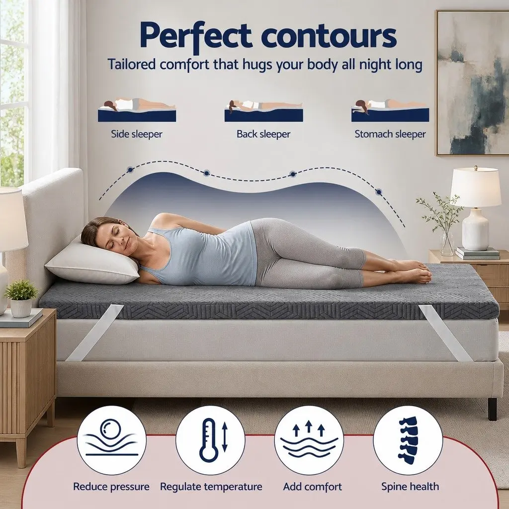 Memory Foam Mattress Topper Grey 8cm Dual Layer Gel Infused Bamboo Cover Single Bed