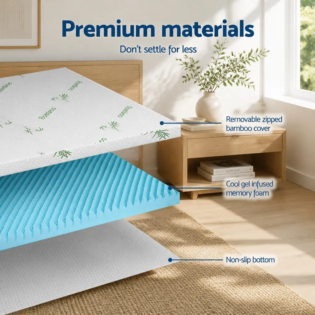 Memory Foam Mattress Topper 8cm Gel Egg Crate Bamboo Cover King Bed Pressure