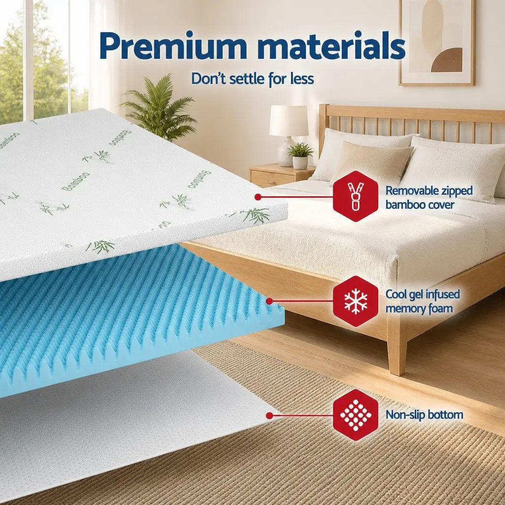 Memory Foam Mattress Topper White 8cm Gel Egg Crate Bamboo Cover Queen Size Pressure Relief