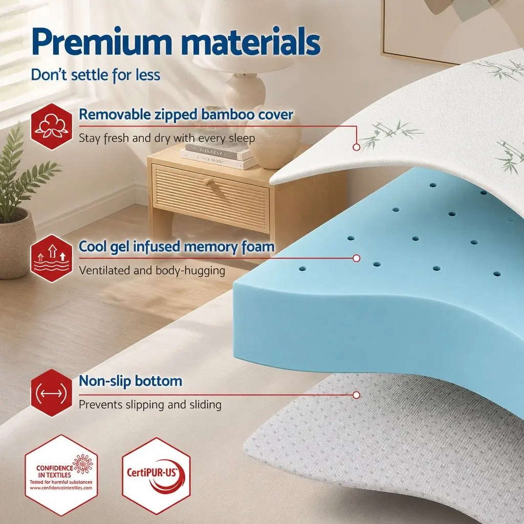 Memory Foam Mattress Topper 12cm Ventilated Gel Cool Bamboo Cover Double Bed