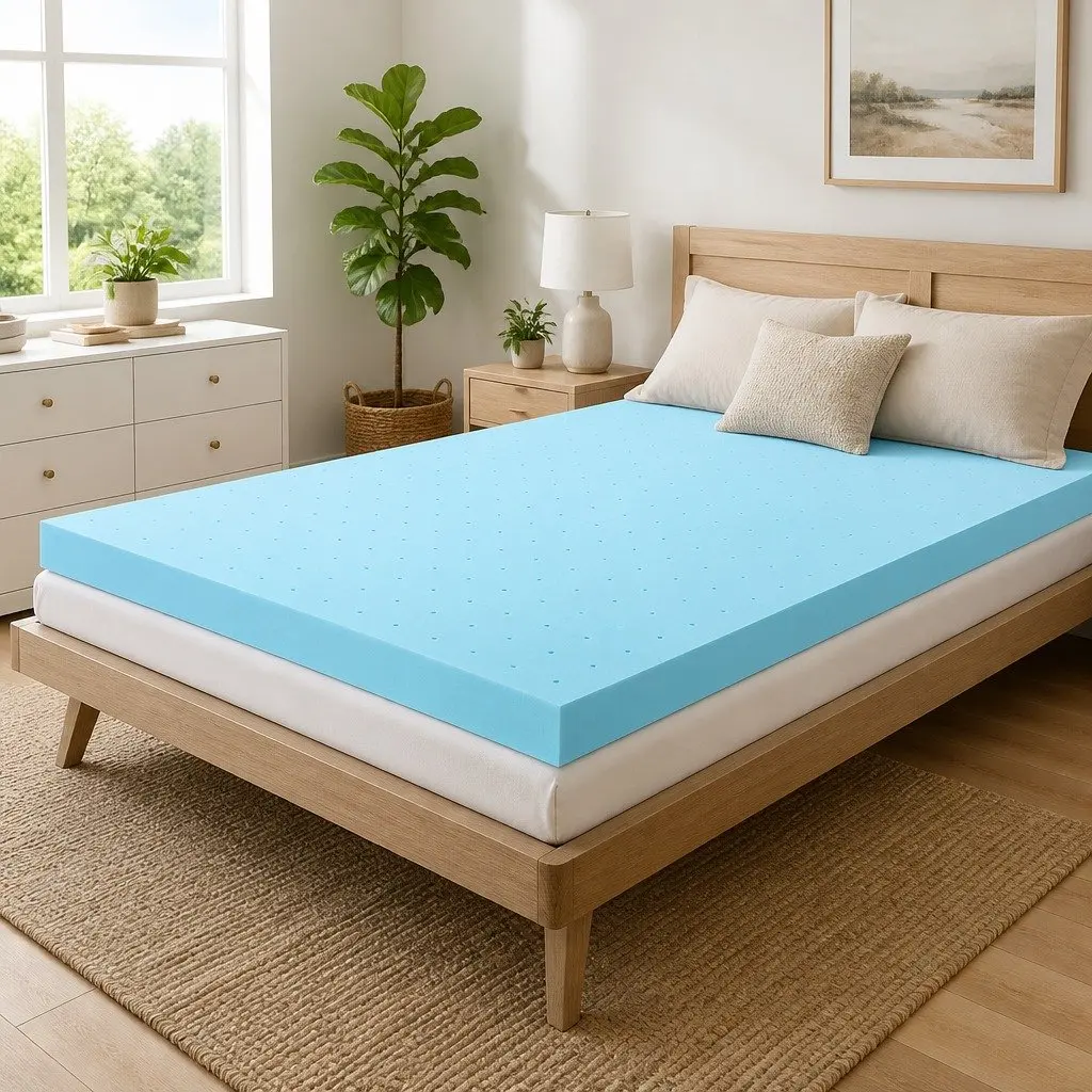 Memory Foam Mattress Topper Blue King 12cm Ventilated Cool Gel Bamboo Cover