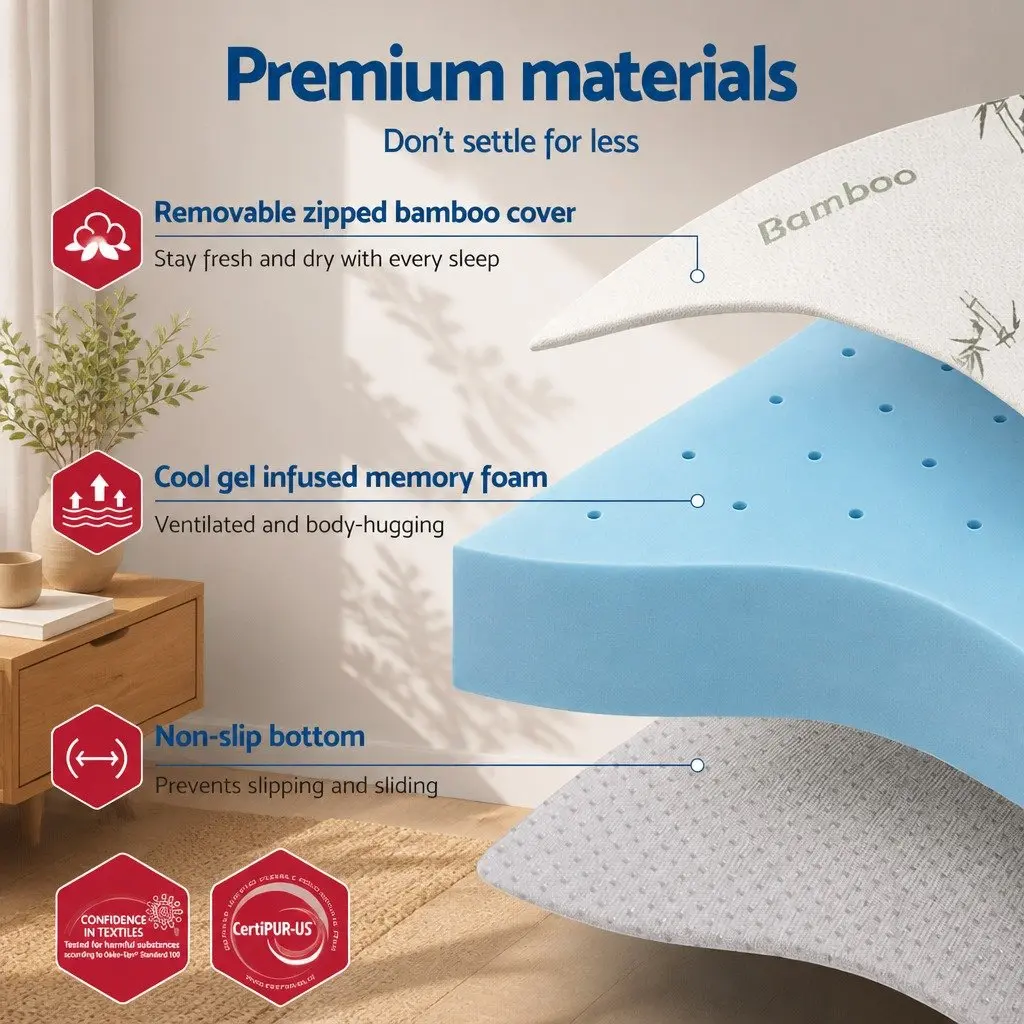 Memory Foam Mattress Topper Blue King 12cm Ventilated Cool Gel Bamboo Cover