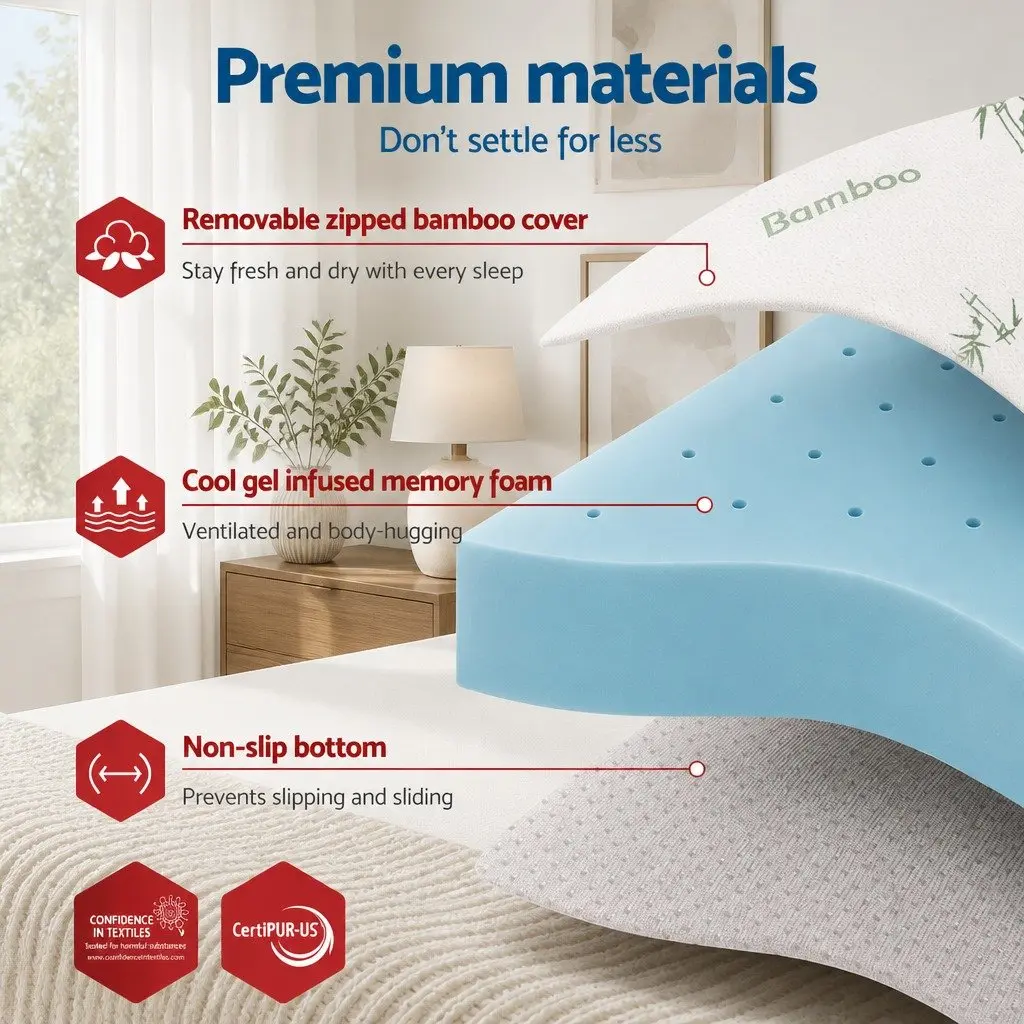 Memory Foam Mattress Topper Blue 12cm Ventilated Gel Bamboo Cover