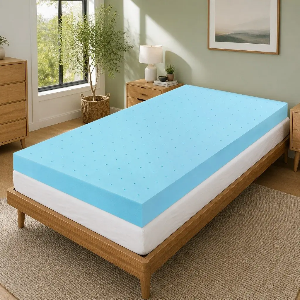 Memory Foam Mattress Topper Blue 12cm Ventilated Gel Bamboo Cover Single Bed