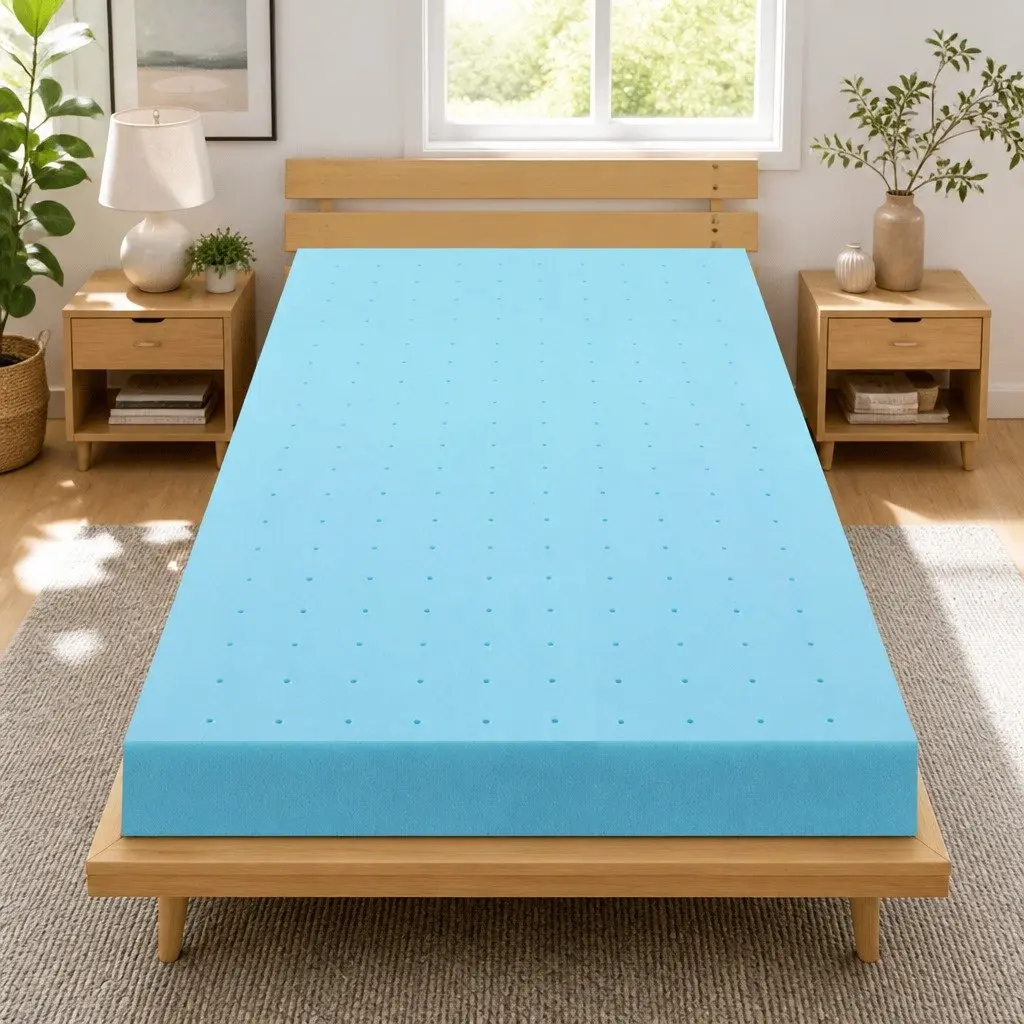 Memory Foam Mattress Topper Blue 12cm Ventilated Gel Bamboo Cover Single Bed