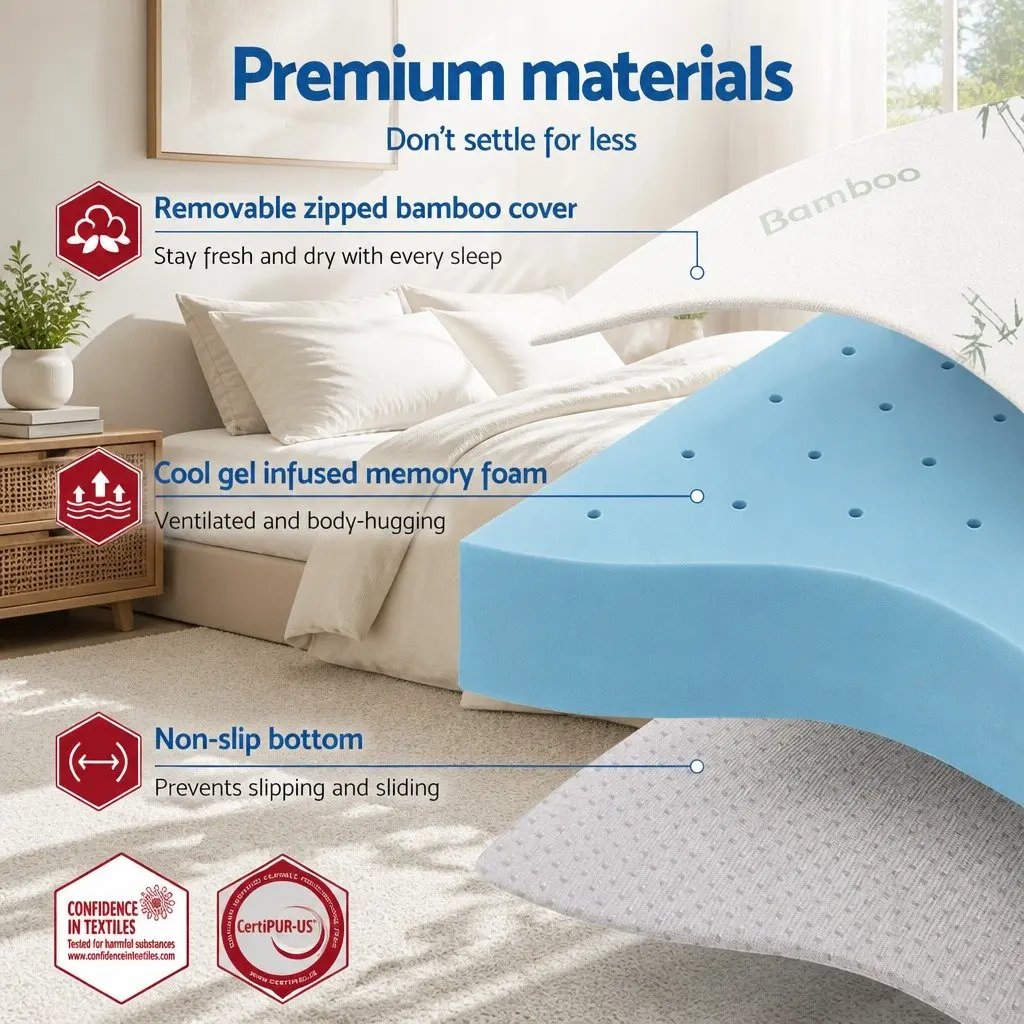 Memory Foam Mattress Topper Blue 12cm Ventilated Gel Bamboo Cover Single Bed