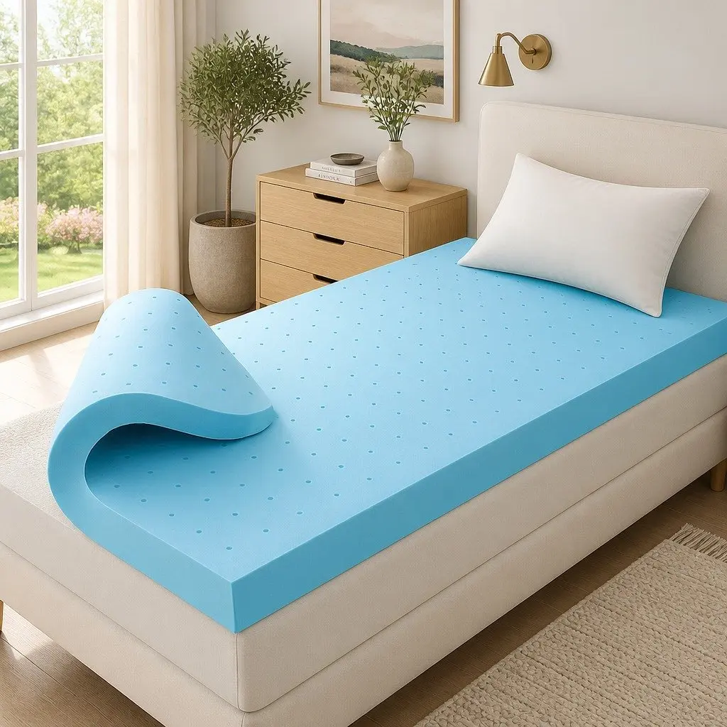 Memory Foam Mattress Topper Blue 12cm Ventilated Gel Bamboo Cover Single Bed