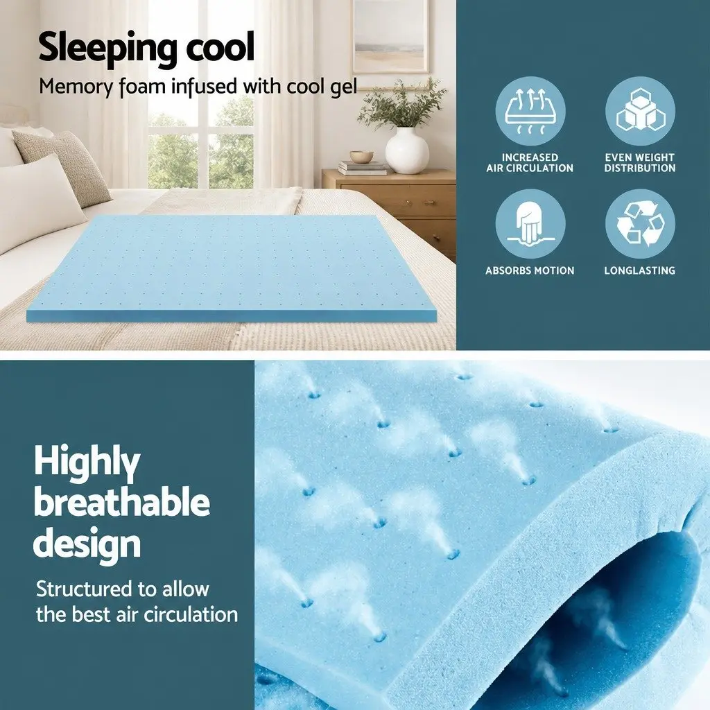 Memory Foam Mattress Topper Blue King Single 8cm Ventilated Cool Gel Breathable