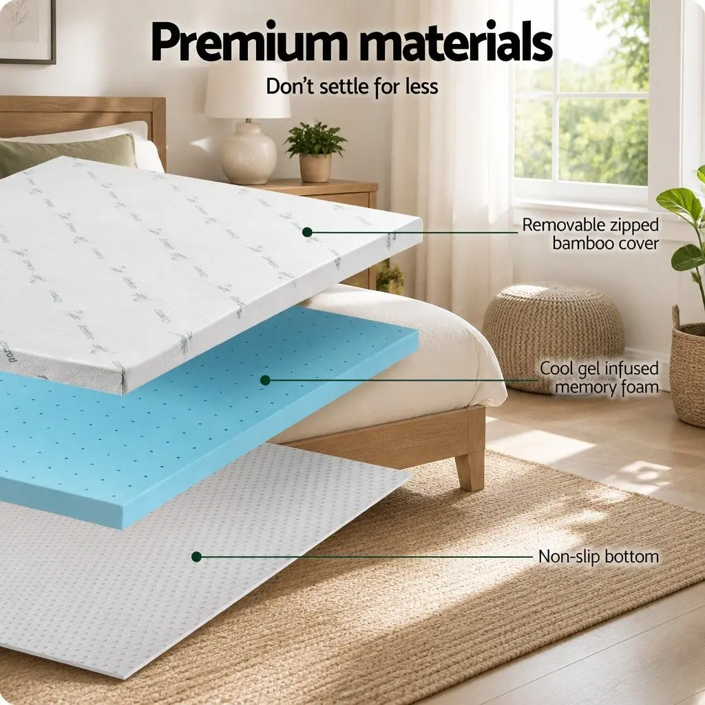 Memory Foam Mattress Topper Blue King Single 8cm Ventilated Cool Gel Breathable