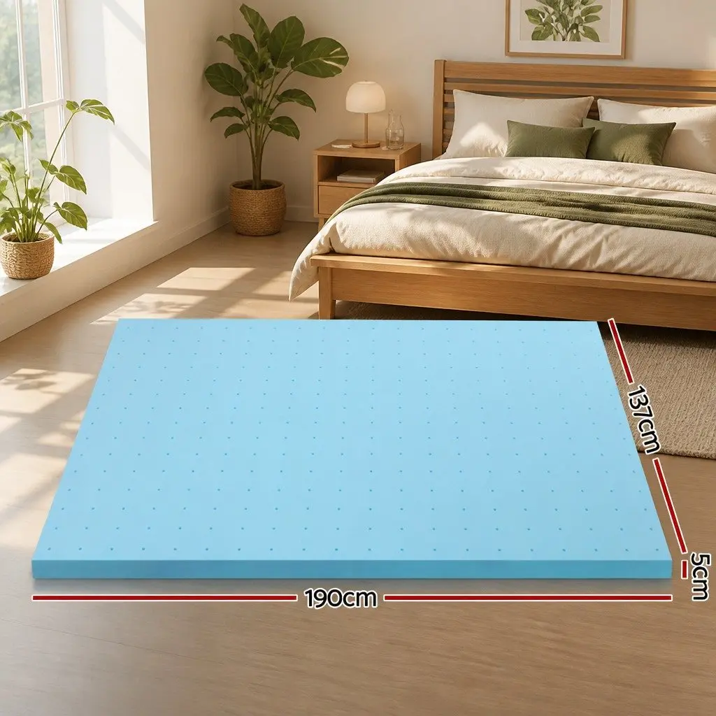 Memory Foam Mattress Topper Blue 5cm Ventilated Gel Bamboo Cover