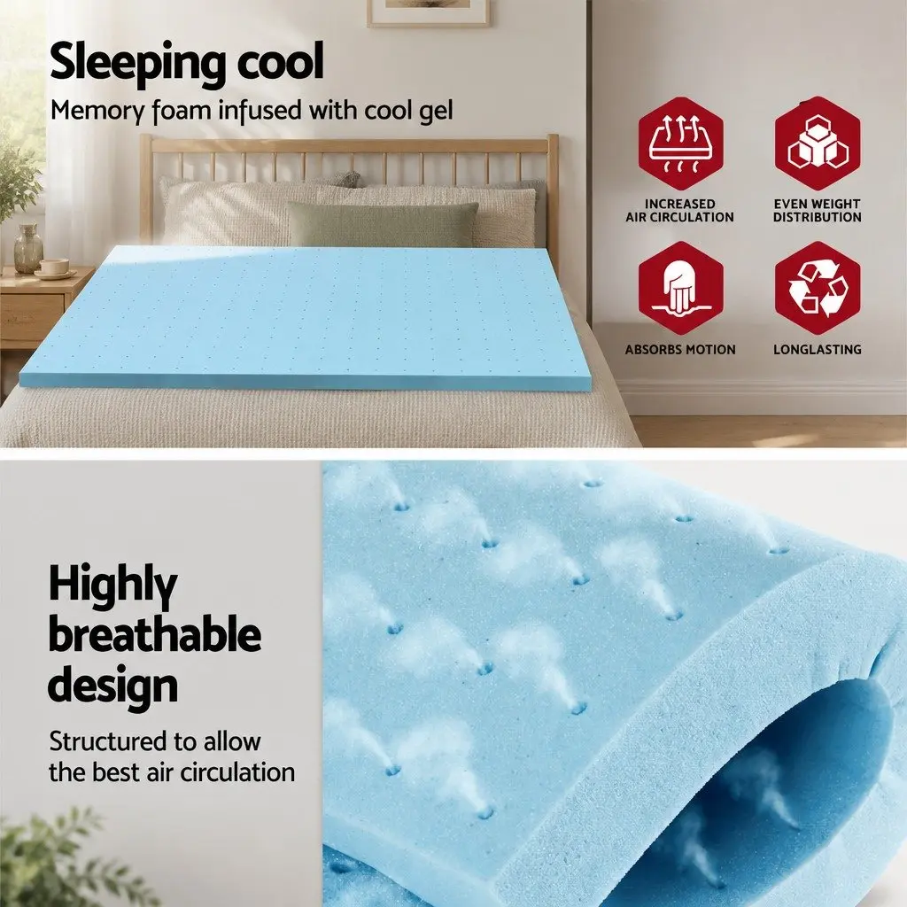 Memory Foam Mattress Topper Blue 5cm Ventilated Gel Bamboo Cover