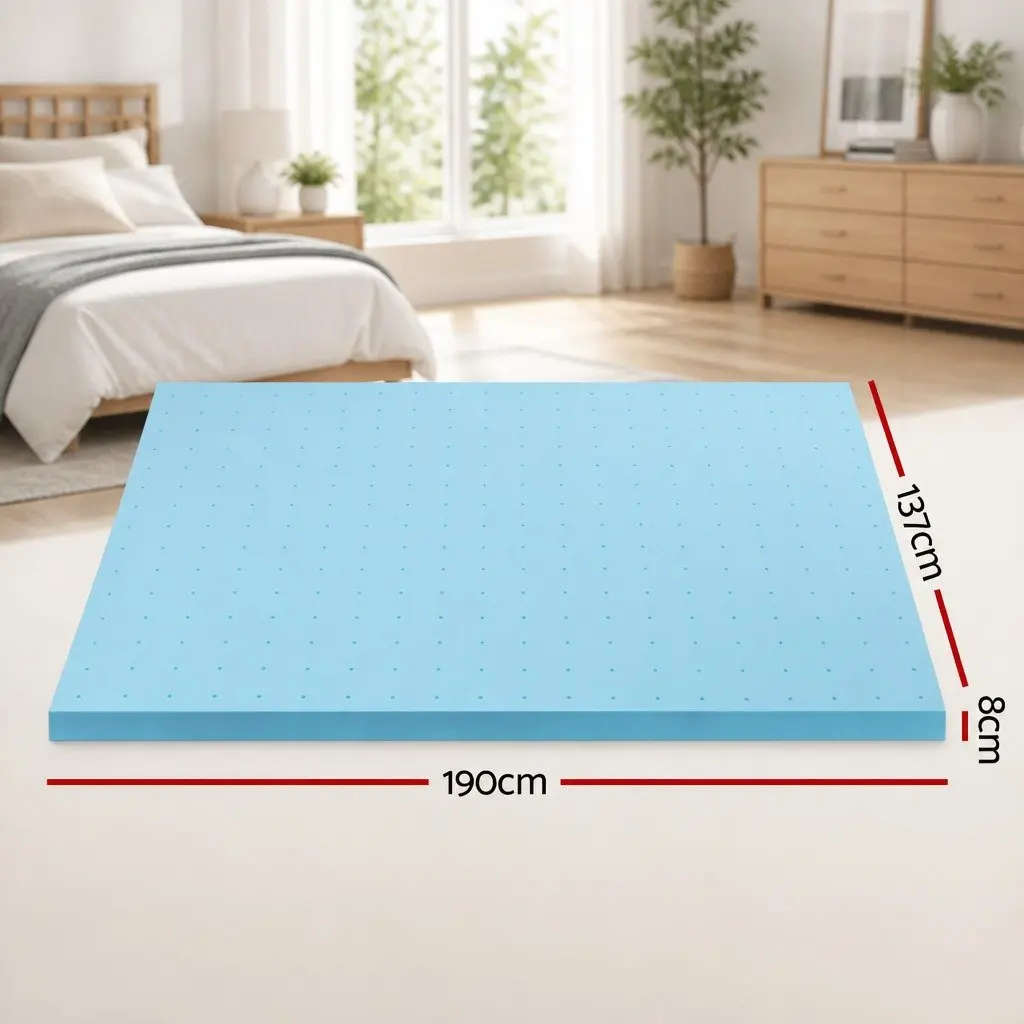 Memory Foam Mattress Topper Blue Double 8cm Ventilated Gel Cool Sleep Comfort