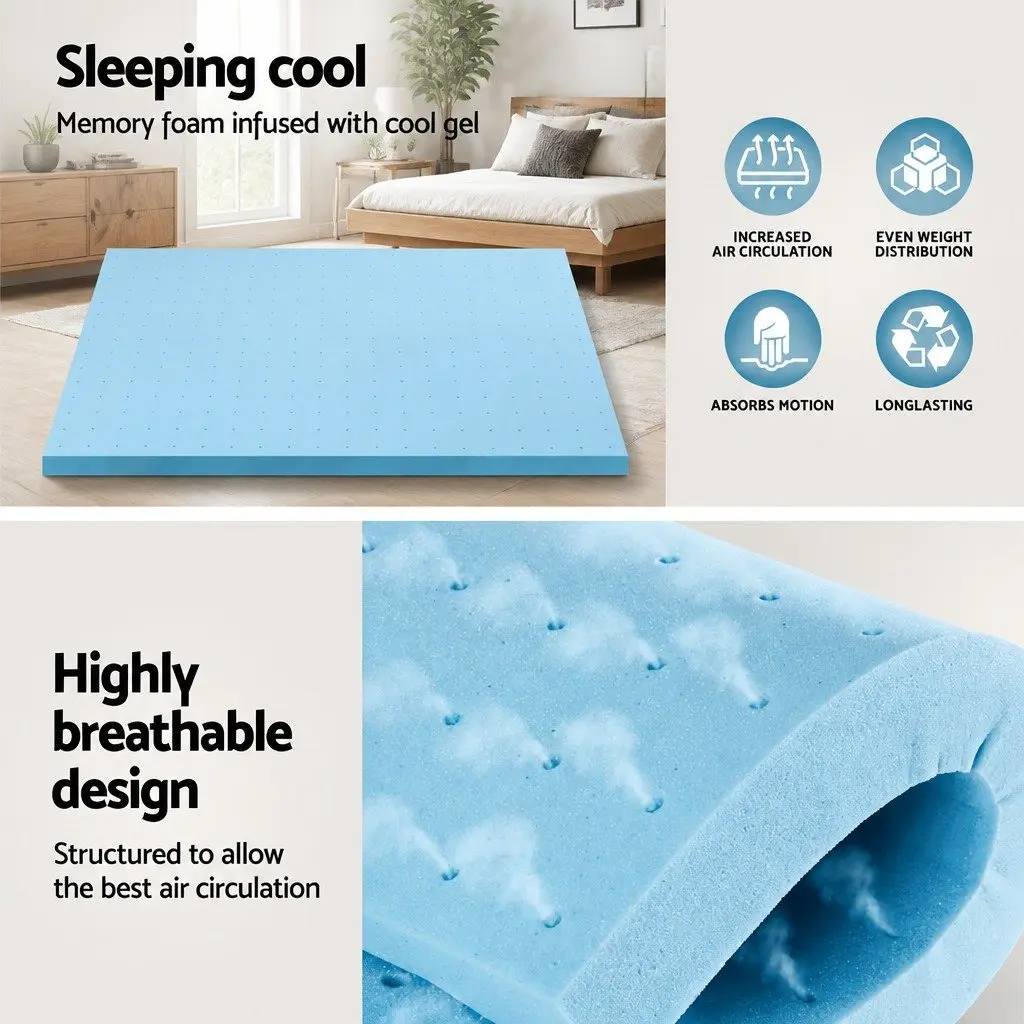 Memory Foam Mattress Topper Blue Double 8cm Ventilated Gel Cool Sleep Comfort