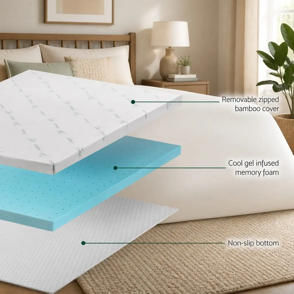 Memory Foam Mattress Topper Blue Double 8cm Ventilated Gel Cool Sleep Comfort