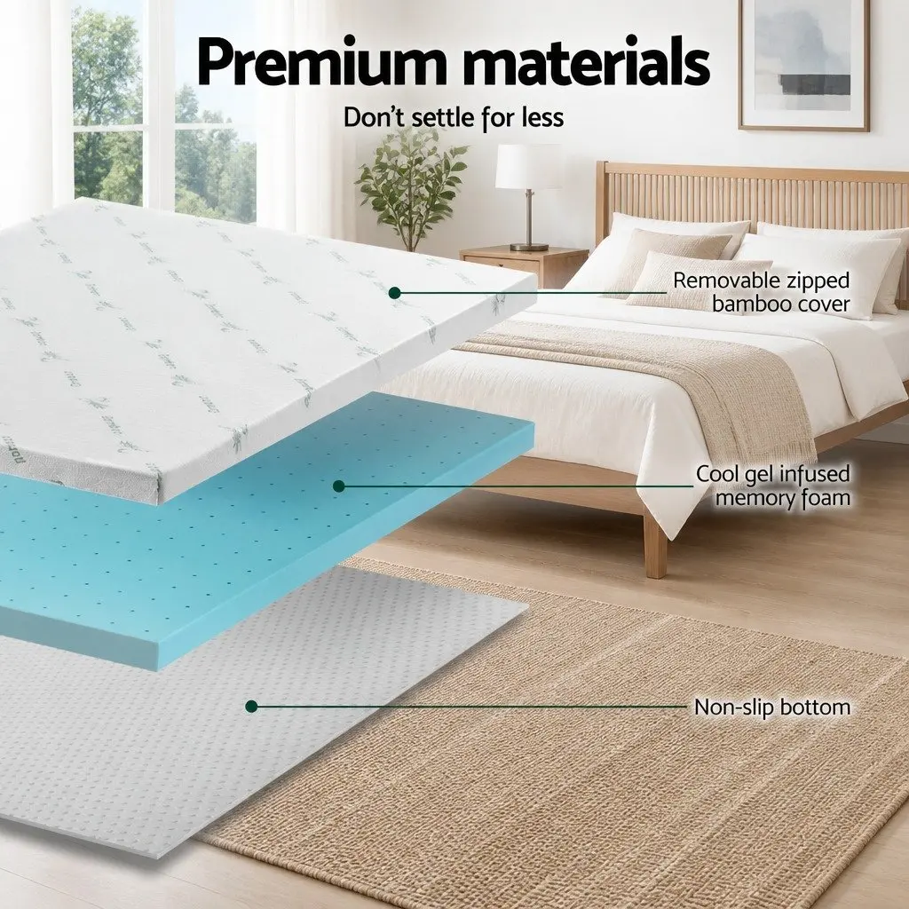 Memory Foam Mattress Topper Blue Queen 8cm Ventilated Cool Gel Bamboo Cover
